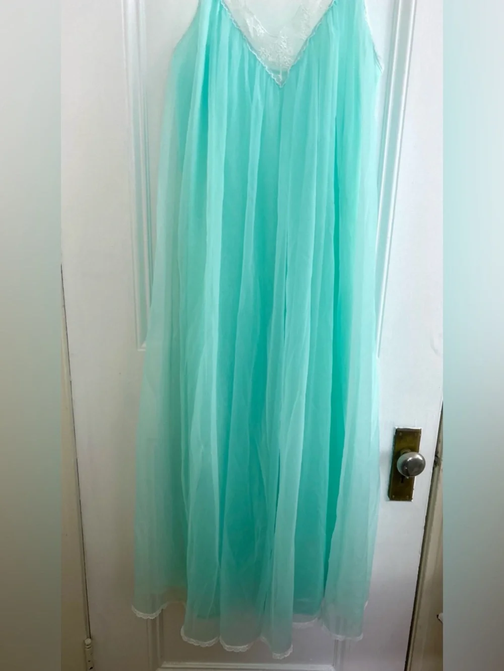 VTG Sabrina by Mervyn’s Turquoise Sheer Nightgown Maxi Satin Slip Dress M - Picture 2 of 6